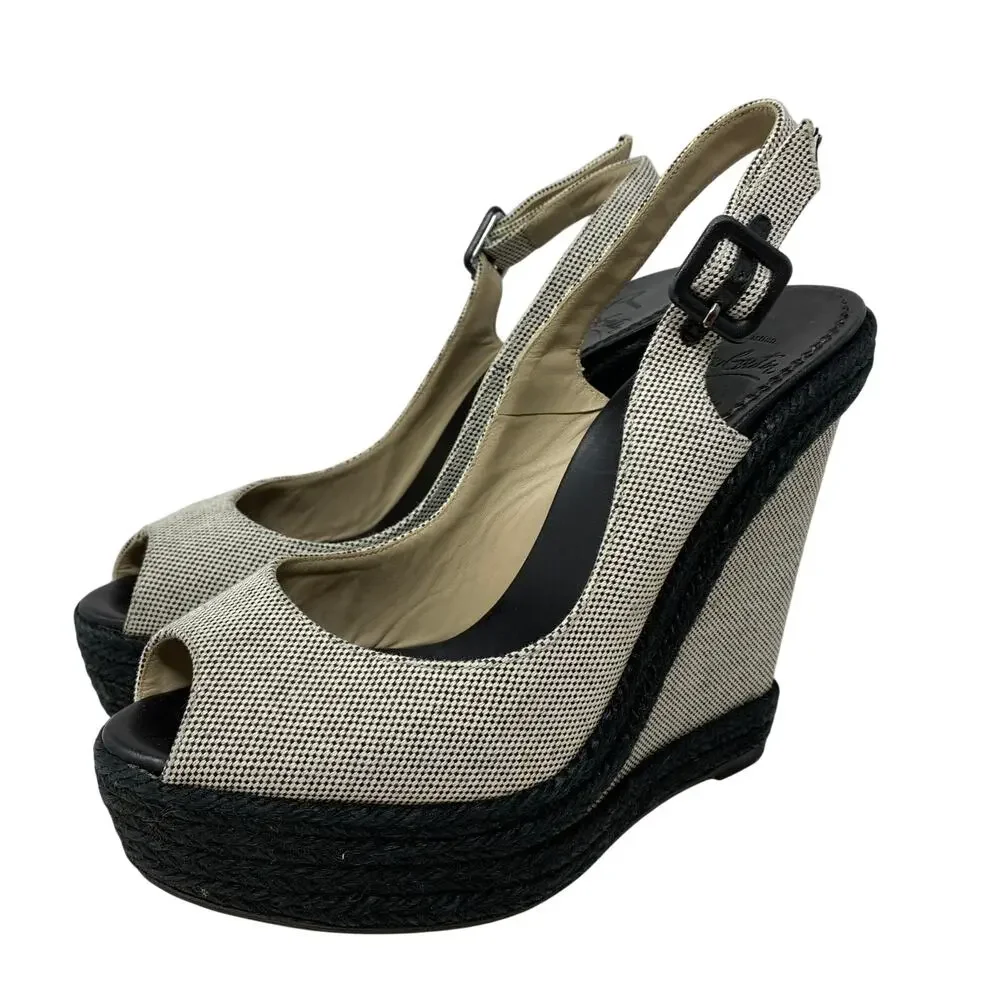 Christian Louboutin Peep Toe Espadrille Wedges Womens Apx Sz 37 US 7 Black White